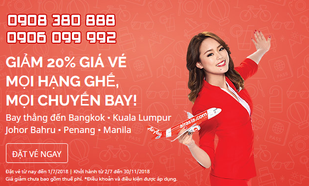 AirAsia khuyến mãi giảm 20% giá vé toàn mạng bay