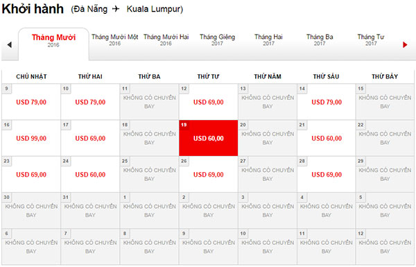 Bảng giá vé máy bay đi Kuala Lumpur tháng 10 hãng Air Asia