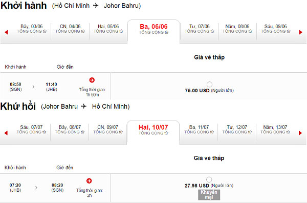 Giá vé máy bay khứ hồi đi Johor Bahru