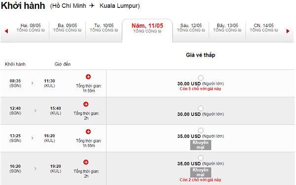 Giá vé máy bay khứ hồi từ Hồ Chí Minh đi Kuala Lumpur rẻ nhất