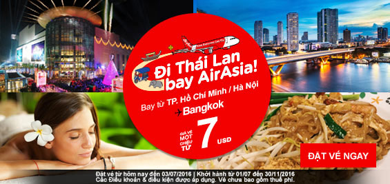 Vé máy bay đi Bangkok 7 USD hãng Air Asia