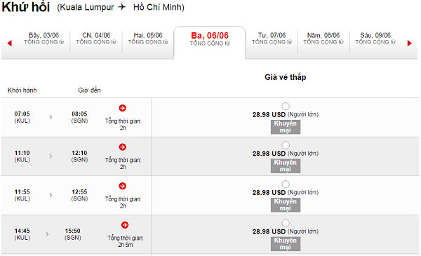 Giá vé máy bay khứ hồi từ Hồ Chí Minh đi Kuala Lumpur rẻ nhất