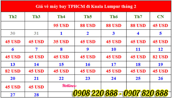 Bảng giá vé máy bay Kuala Lumpur tháng 2