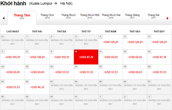Bảng giá vé máy bay Hà Nội đi Kuala Lumpur tháng 8