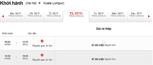 Vé máy bay Air Asia Hà Nội đi Kula Lumpur 57 USD