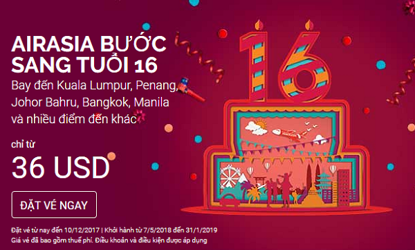 Sinh nhật lần thứ 16 AirAsia siêu khuyến mãi vé 31 USD