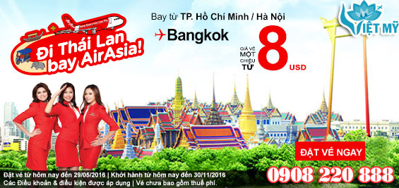 Khuyến mãi Air Asia vé máy bay đi Thái Lan giá chỉ 8 USD